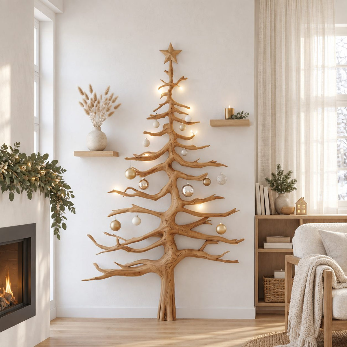 Driftwood-style Christmas tree wall decor with carved star top, handmade solid wood