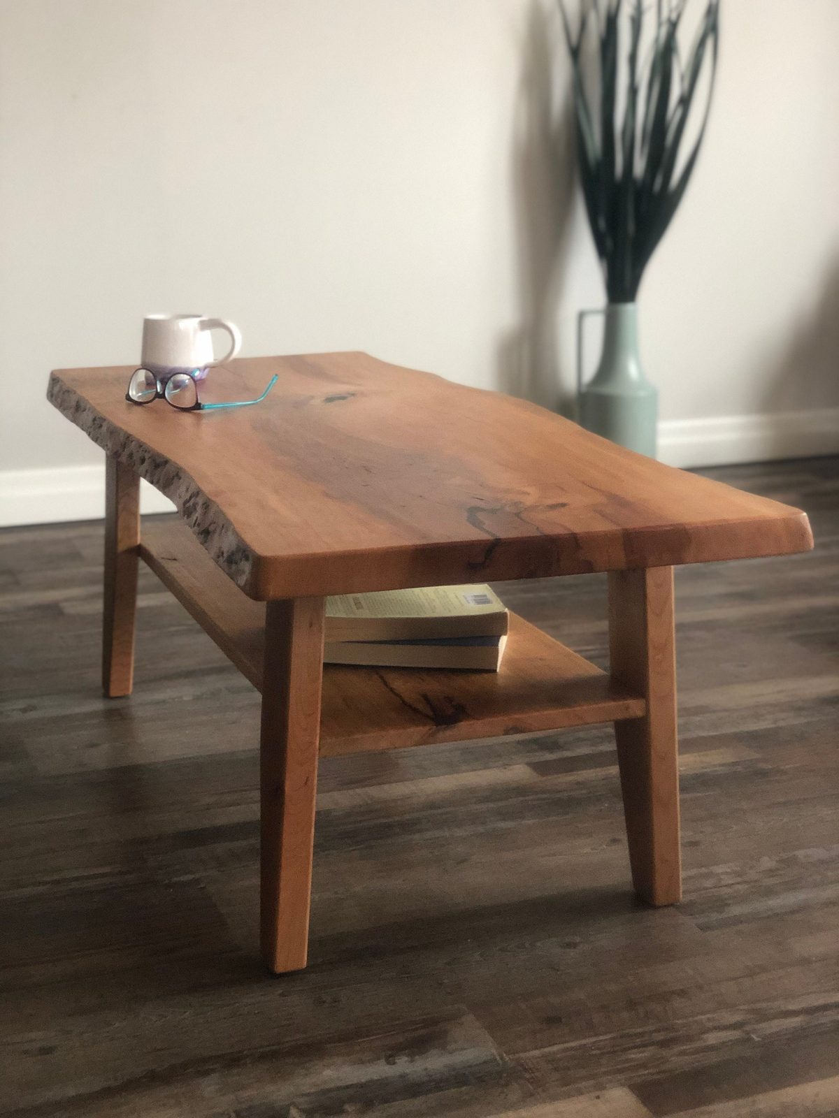 Live-Edge Walnut Coffee Table with Lower Shelf, Rustic Farmhouse Solid Wood Living Room Table