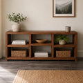 Reclaimed-Look Open-Shelf Console Table — 6-Cubby Solid Wood Media Unit & Entryway Bookshelf, Brown