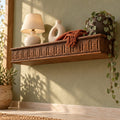 Carved Greek-Key Floating Shelf, Solid Wood Boho Wall Shelf for Living Room, Hand-Carved Brown Decorative Ledge