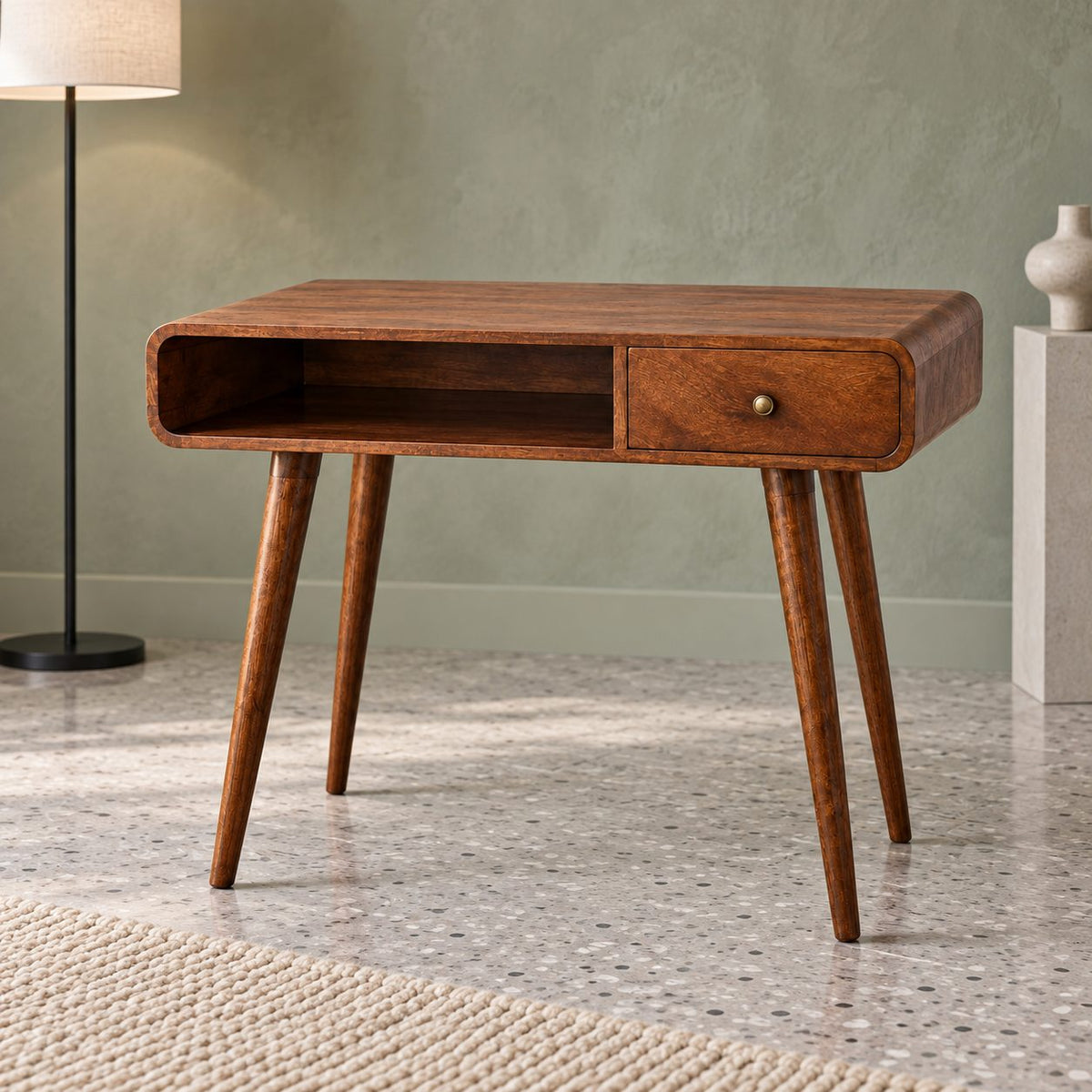 Curved-Edge Mid-Century Writing Desk — Solid Wood Home Office Desk with Open Cubby & Drawer, Walnut