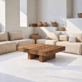 Chunky Reclaimed Timber Coffee Table, Low Rustic Solid Wood Beam Table with Block Feet
