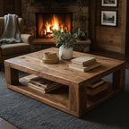 Reclaimed Chestnut Coffee Table with Open Shelf, Chunky Rustic Solid Wood Living Room Storage Table