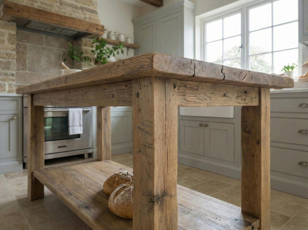 Freestanding Solid Wood Kitchen Island, Rustic Farmhouse Prep Table with Storage Shelf, Brown