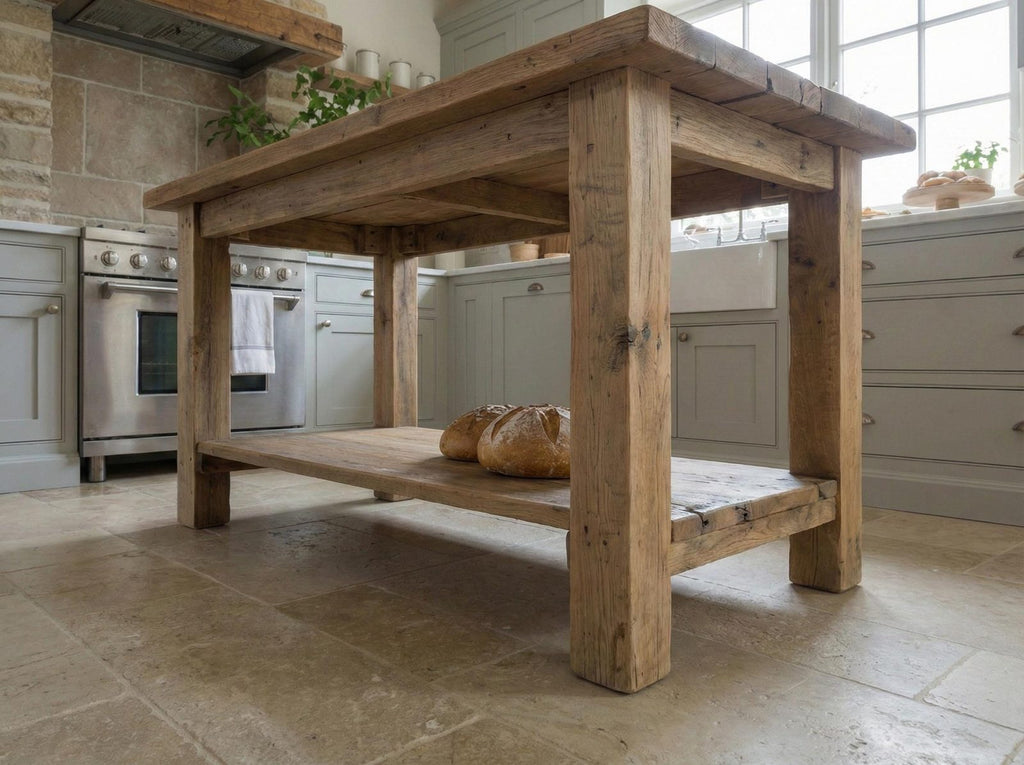 Freestanding Solid Wood Kitchen Island, Rustic Farmhouse Prep Table with Storage Shelf, Brown