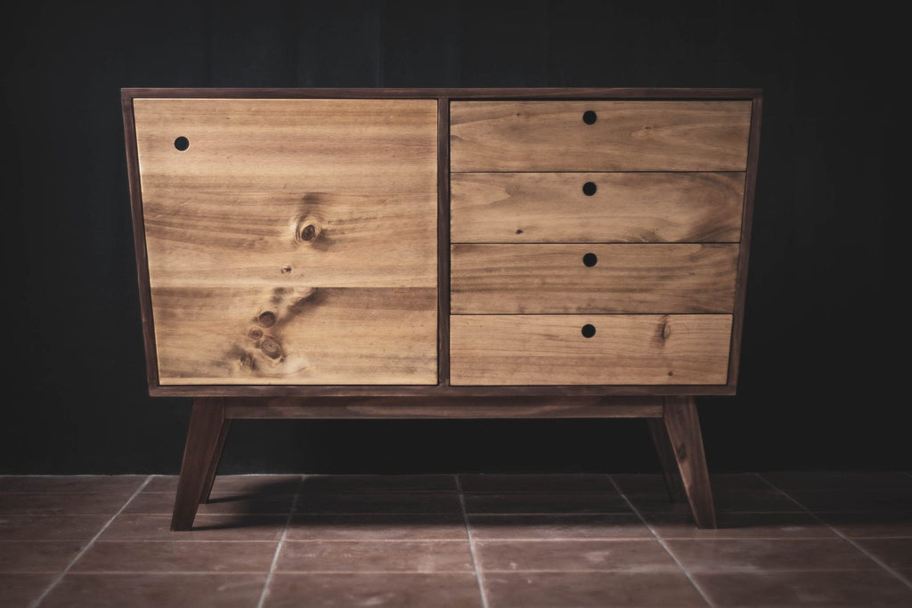 Mid-Century Sideboard Cabinet — 4-Drawer Solid Wood Dresser & Living Room Storage Credenza, Oak