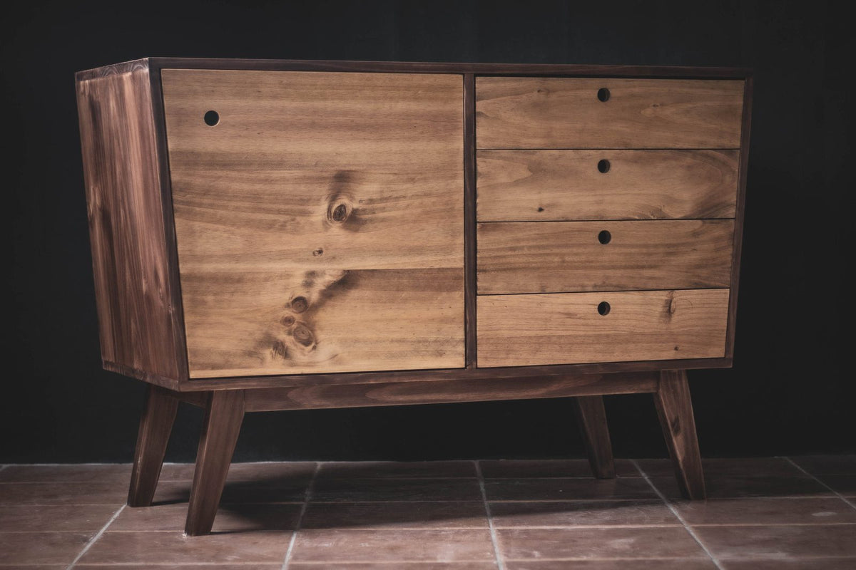 Mid-Century Sideboard Cabinet — 4-Drawer Solid Wood Dresser & Living Room Storage Credenza, Oak