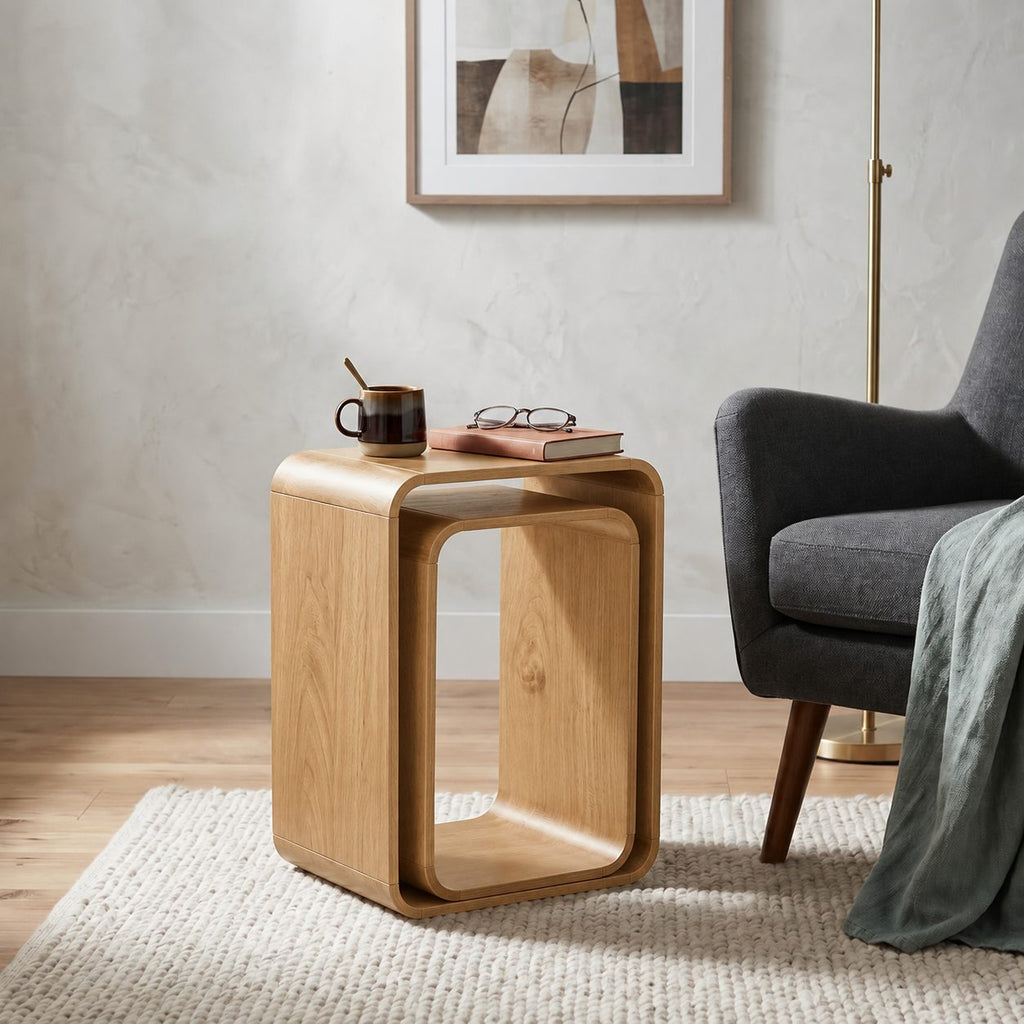 Waterfall Cube Side Table, Curved Open Walnut Solid Wood Nesting Accent Table for Living Room