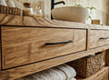 Farmhouse Bathroom Vanity in Solid Wood Oak, Single Vessel Basin, Open Towel Shelf & Four Drawers