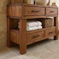 Farmhouse Bathroom Vanity in Solid Wood Oak, Single Vessel Basin, Open Towel Shelf & Four Drawers