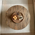 Round Reclaimed Coffee Table, Low Japandi Solid Wood Center Table with X-Cross Trestle Base