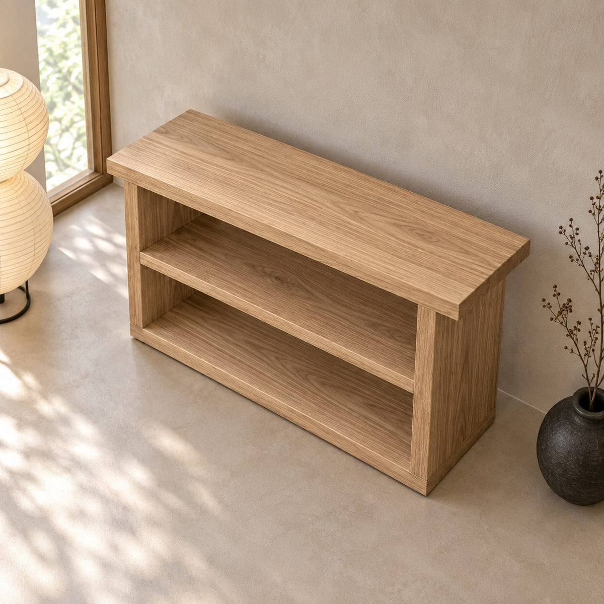 Shoe-Rack Entryway Bench — Open-Shelf Solid Wood Hallway Storage Bench & Console, Walnut