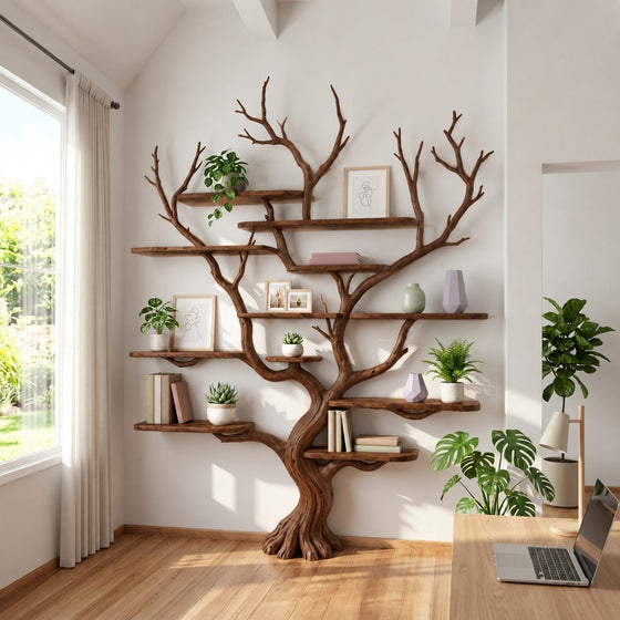 Handcrafted Tree Branch Bookshelf With Rooted Base For Home Office