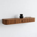Reeded Floating Shelf with Drawer, Solid Wood Fluted Console Wall Shelf for Entryway, Mid-Century Oak Ledge