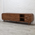 3D-Carved Wave-Door Media Console – Scandinavian Solid Wood TV Stand in Warm Brown with Open Shelf Bay