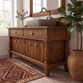 Turned-Leg Bathroom Vanity, Solid Wood Walnut, Stone Vessel Basin with Drawers & Cabinet Doors