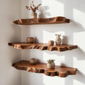 Live-Edge Corner Floating Shelf Set, Solid Wood Oak, Organic Natural Edge, Three Wall Tiers