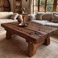 Chunky Reclaimed Beam Coffee Table, Rustic Cabin Solid Wood Slab Table with Cracked Oak Grain