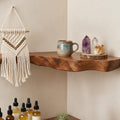 Natural-Edge Corner Shelf Duo, Solid Wood Walnut, Live Wavy Front, Two Floating Wall Tiers