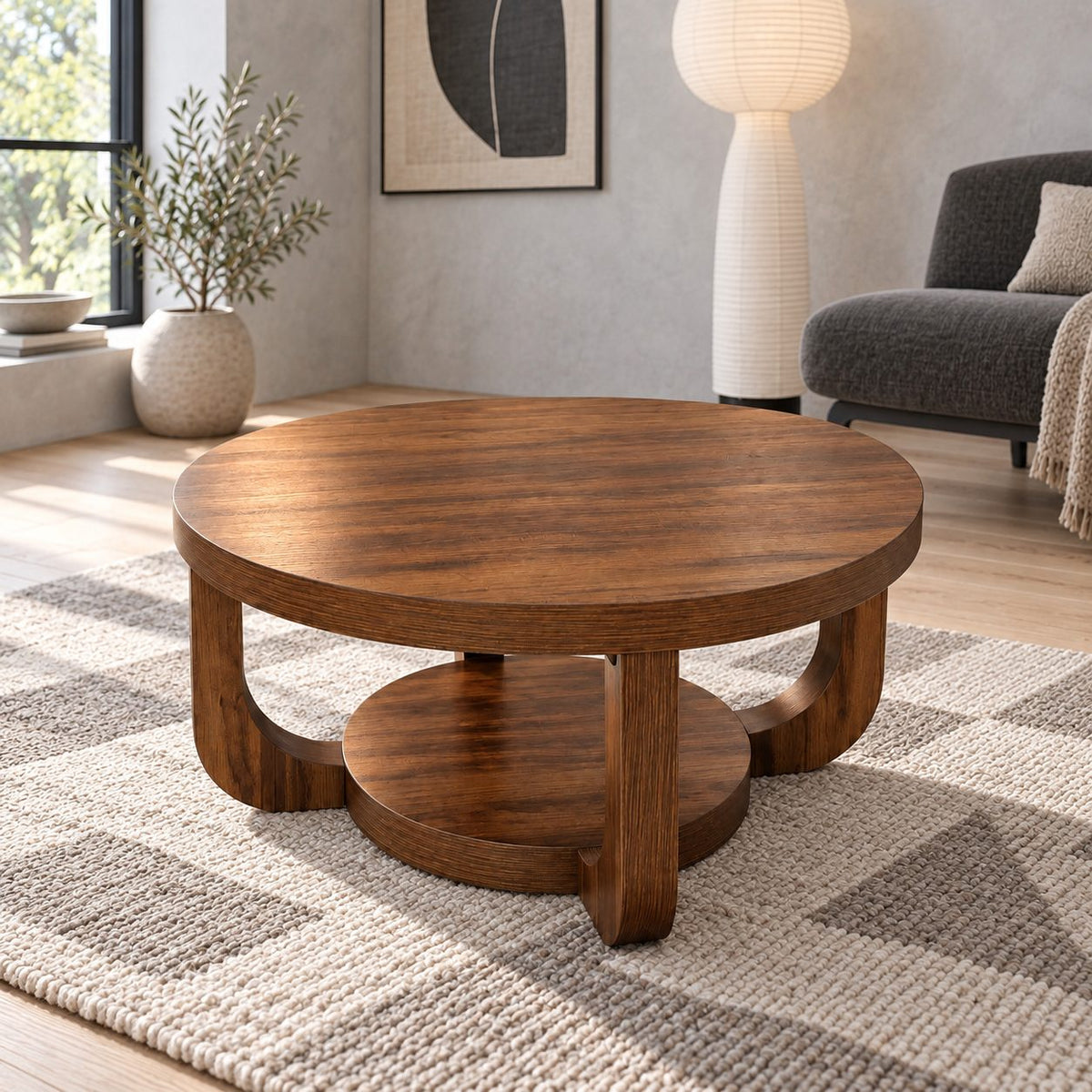 Round Two-Tier Coffee Table, Curved-Leg Solid Wood Living Room Table with Storage Shelf