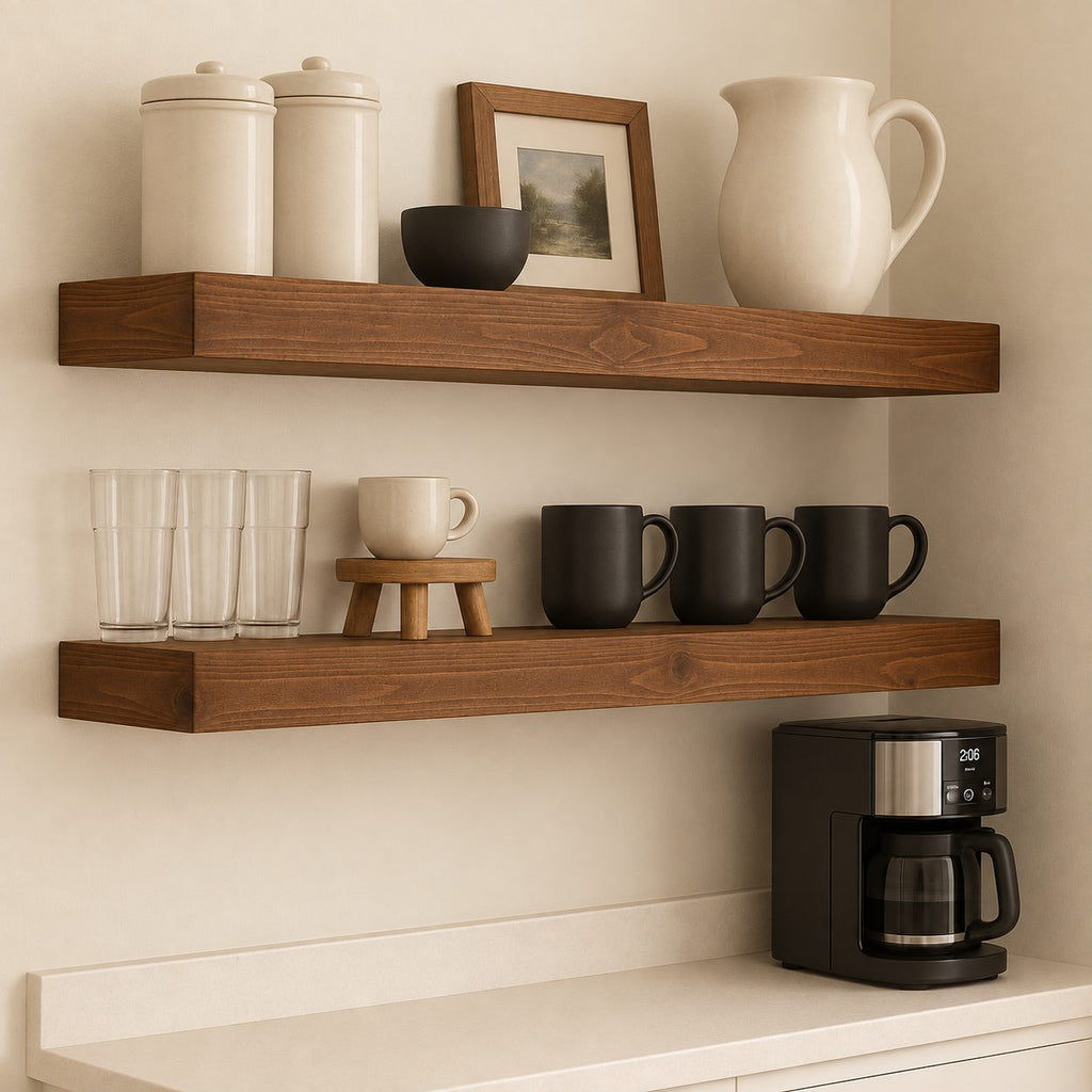 Chunky Floating Shelf, Solid Wood Kitchen Wall Shelf for Open Shelving, Dark Walnut Farmhouse Ledge for Dining