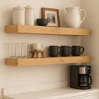 Hidden-Bracket Floating Shelf, Solid Wood Kitchen Wall Shelf for Coffee Bar, Honey Oak Chunky Rustic Ledge