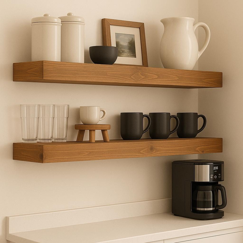 Farmhouse Floating Shelf, Solid Wood Kitchen Wall Shelf for Open Shelving, Honey Oak Chunky Rustic Ledge Display
