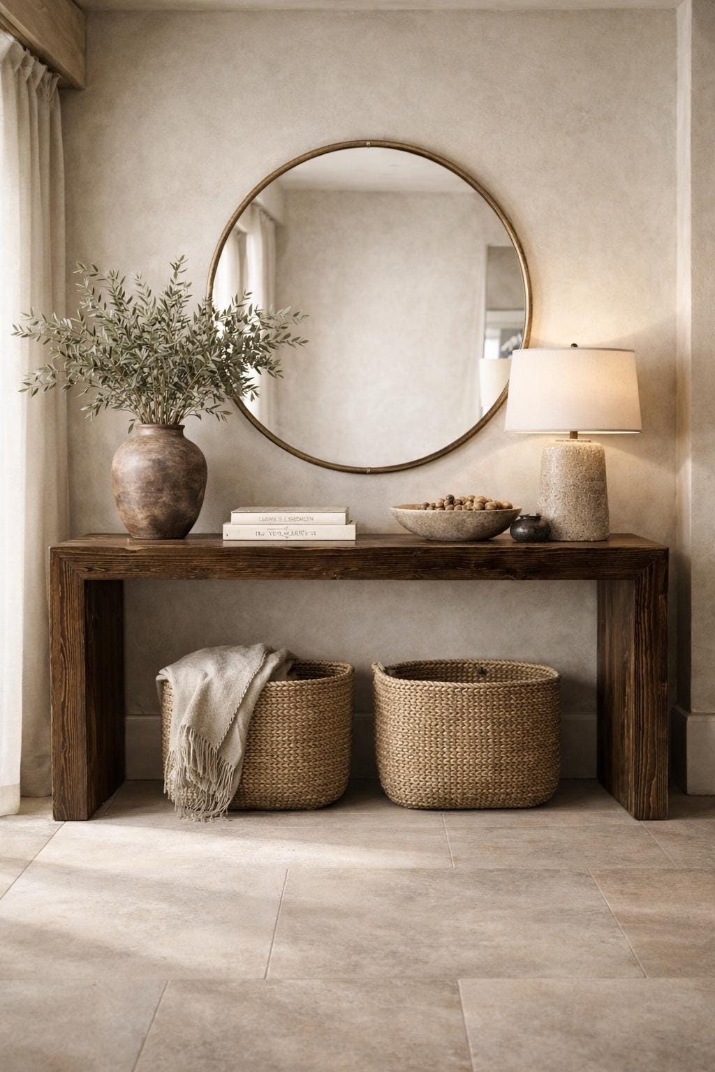 Waterfall Console Table, Solid Wood Oak Minimalist Slab Entryway Sofa Table for Living Room & Hallway
