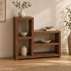 Stepped Bookshelf Console Cabinet, Solid Wood Walnut Asymmetric Two-Tier Hallway Display Unit, Rustic Entryway