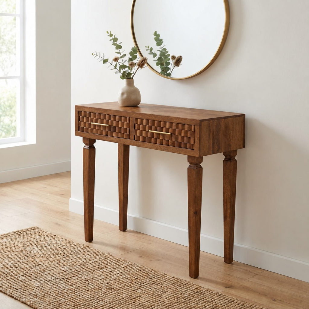 Carved Checkerboard Console Table, Solid Wood Mango Brown 2-Drawer Entryway Table with Turned Legs, Hallway Accent