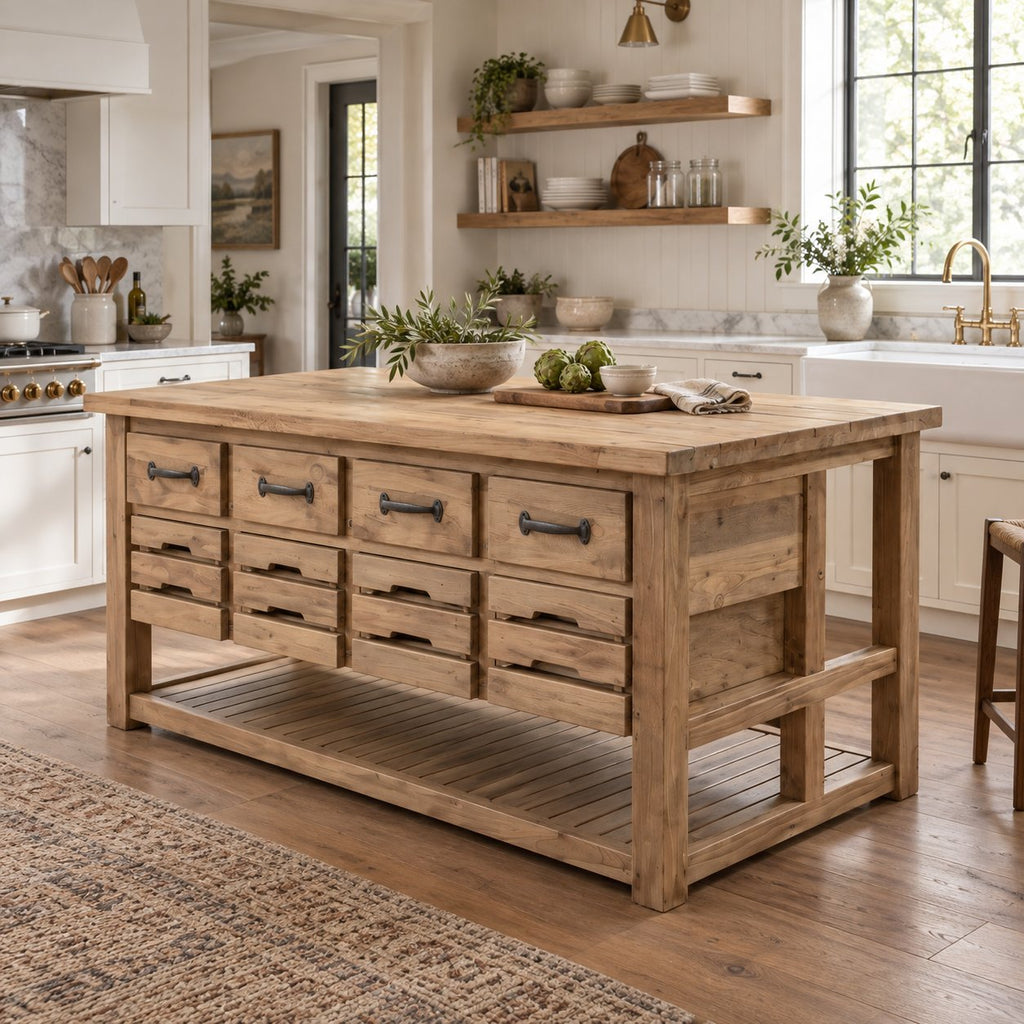 Farmhouse Solid Wood Kitchen Island with Drawers, Butcher-Block Top & Slatted Shelf, Natural Pine