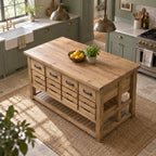 Farmhouse Solid Wood Kitchen Island with Drawers, Butcher-Block Top & Slatted Shelf, Natural Pine