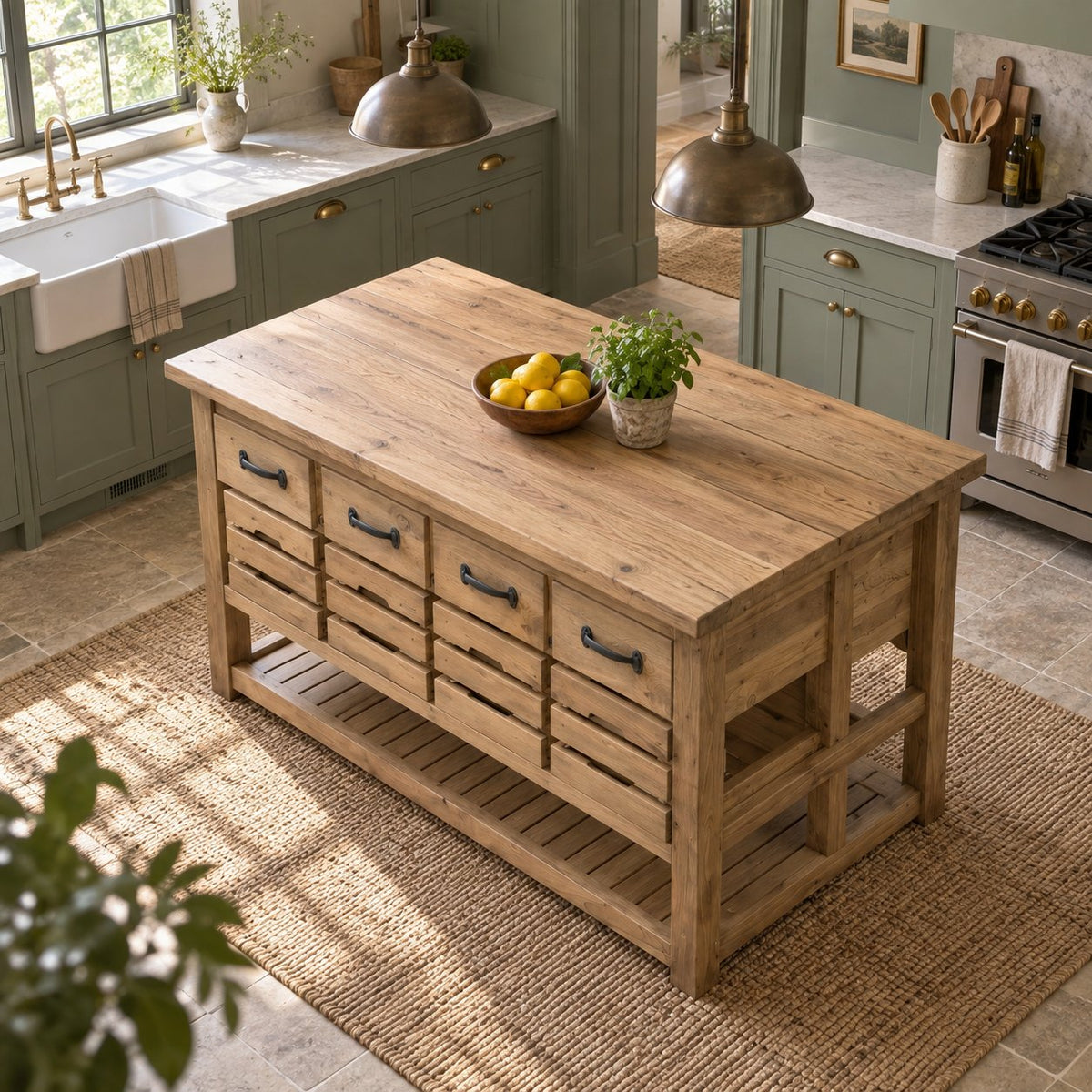 Farmhouse Solid Wood Kitchen Island with Drawers, Butcher-Block Top & Slatted Shelf, Natural Pine