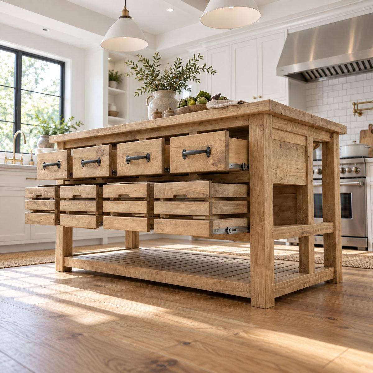 Farmhouse Solid Wood Kitchen Island with Drawers, Butcher-Block Top & Slatted Shelf, Natural Pine