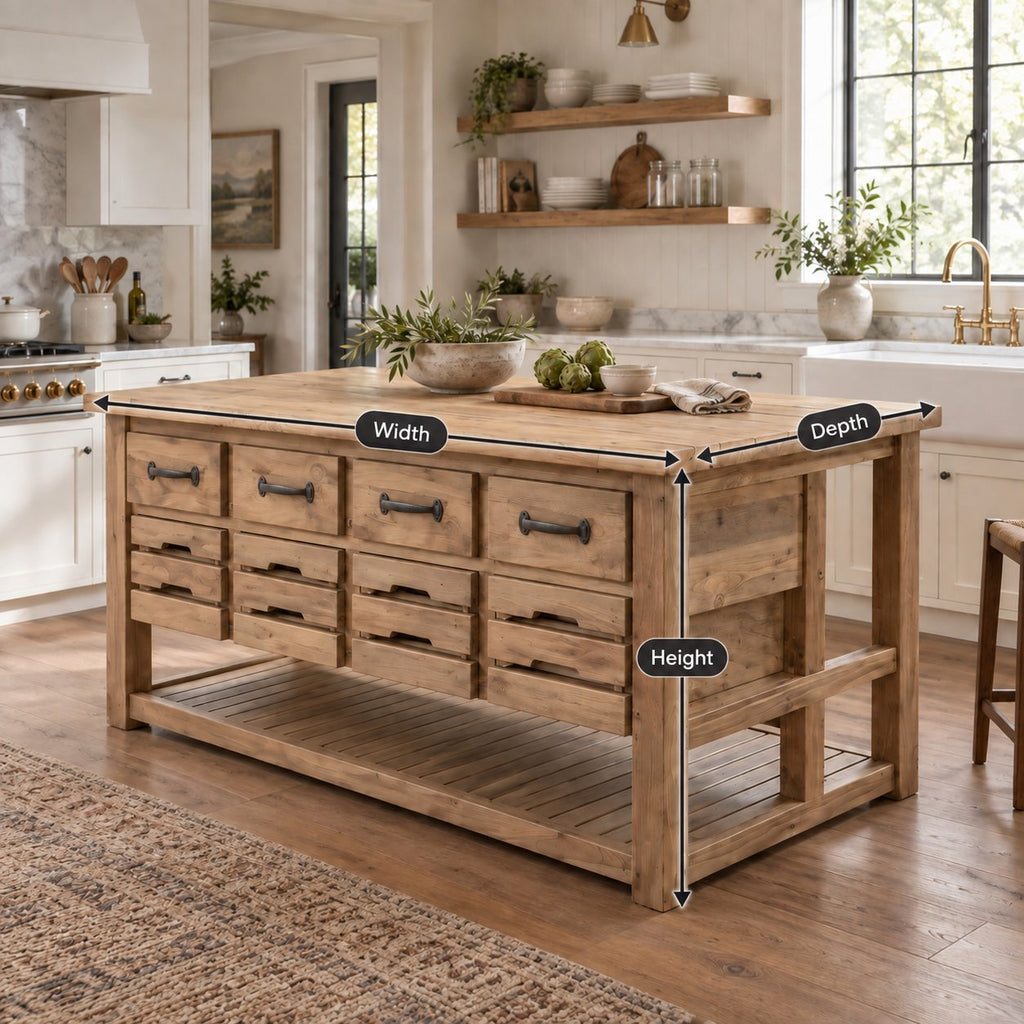 Farmhouse Solid Wood Kitchen Island with Drawers, Butcher-Block Top & Slatted Shelf, Natural Pine