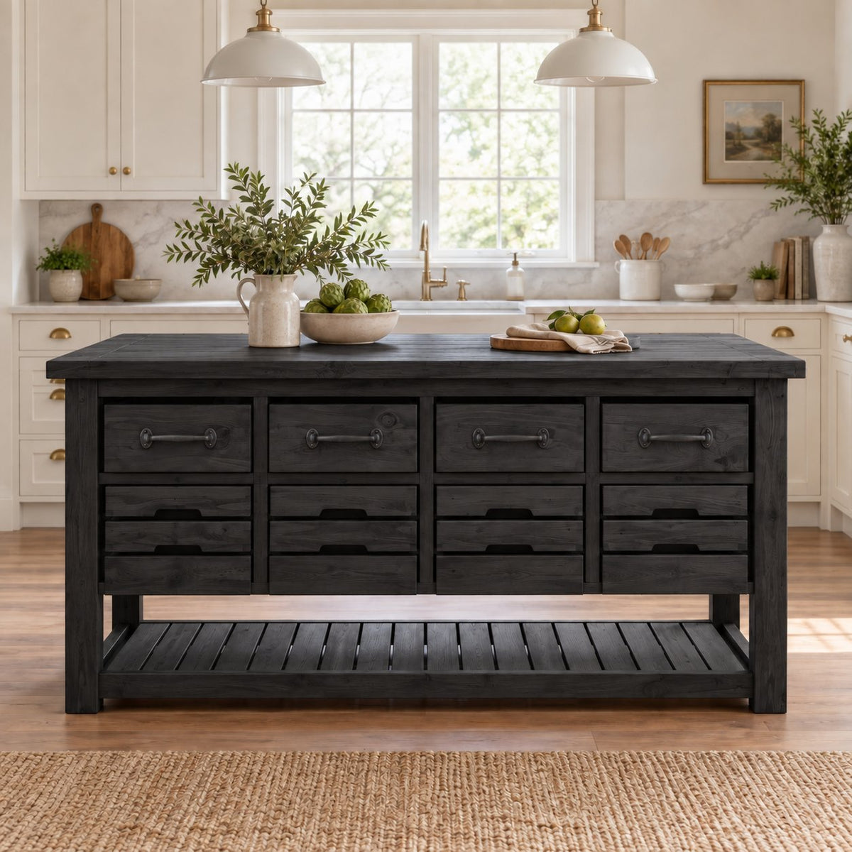 Farmhouse Solid Wood Kitchen Island with Drawers, Butcher-Block Top & Slatted Shelf, Natural Pine