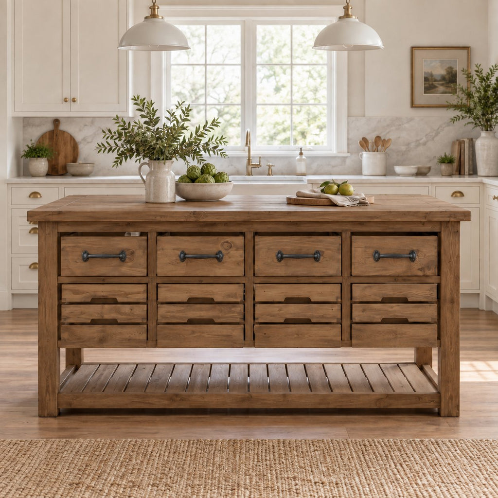 Farmhouse Solid Wood Kitchen Island with Drawers, Butcher-Block Top & Slatted Shelf, Natural Pine