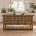 Farmhouse Solid Wood Kitchen Island with Drawers, Butcher-Block Top & Slatted Shelf, Natural Pine