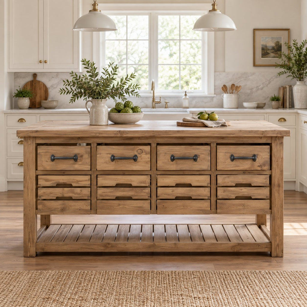 Farmhouse Solid Wood Kitchen Island with Drawers, Butcher-Block Top & Slatted Shelf, Natural Pine