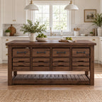 Farmhouse Solid Wood Kitchen Island with Drawers, Butcher-Block Top & Slatted Shelf, Natural Pine