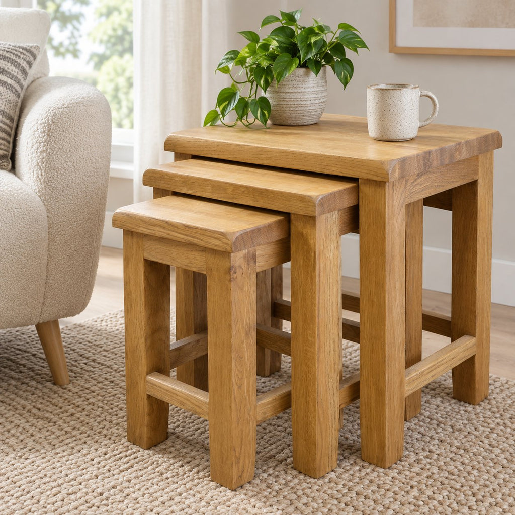Nesting Oak Coffee Tables, Solid Wood Nest of 3 Slatted-Side Side Tables for the Living Room