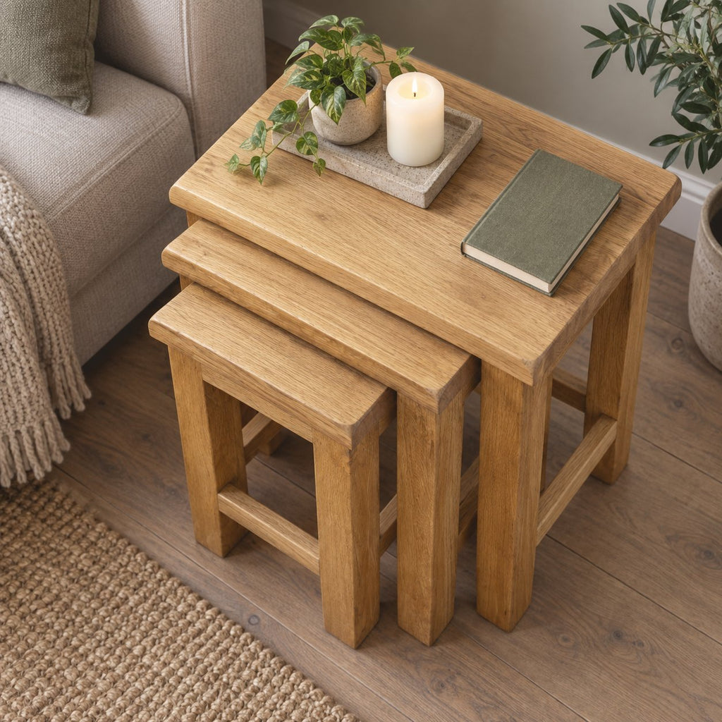 Nesting Oak Coffee Tables, Solid Wood Nest of 3 Slatted-Side Side Tables for the Living Room