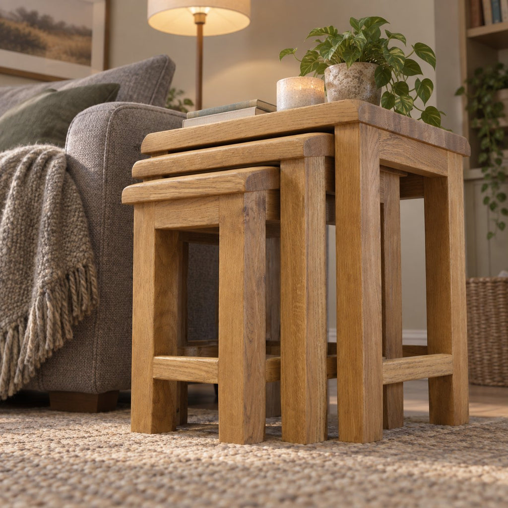 Nesting Oak Coffee Tables, Solid Wood Nest of 3 Slatted-Side Side Tables for the Living Room