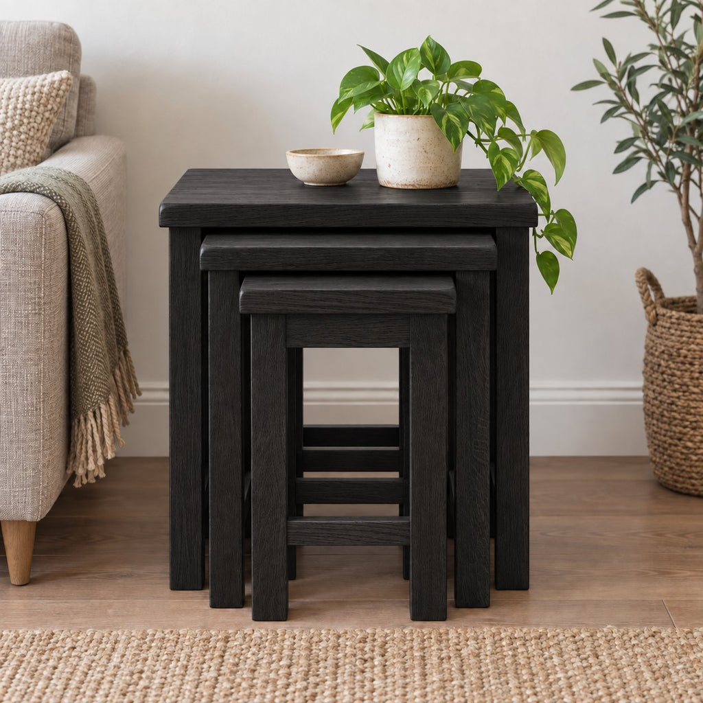 Nesting Oak Coffee Tables, Solid Wood Nest of 3 Slatted-Side Side Tables for the Living Room