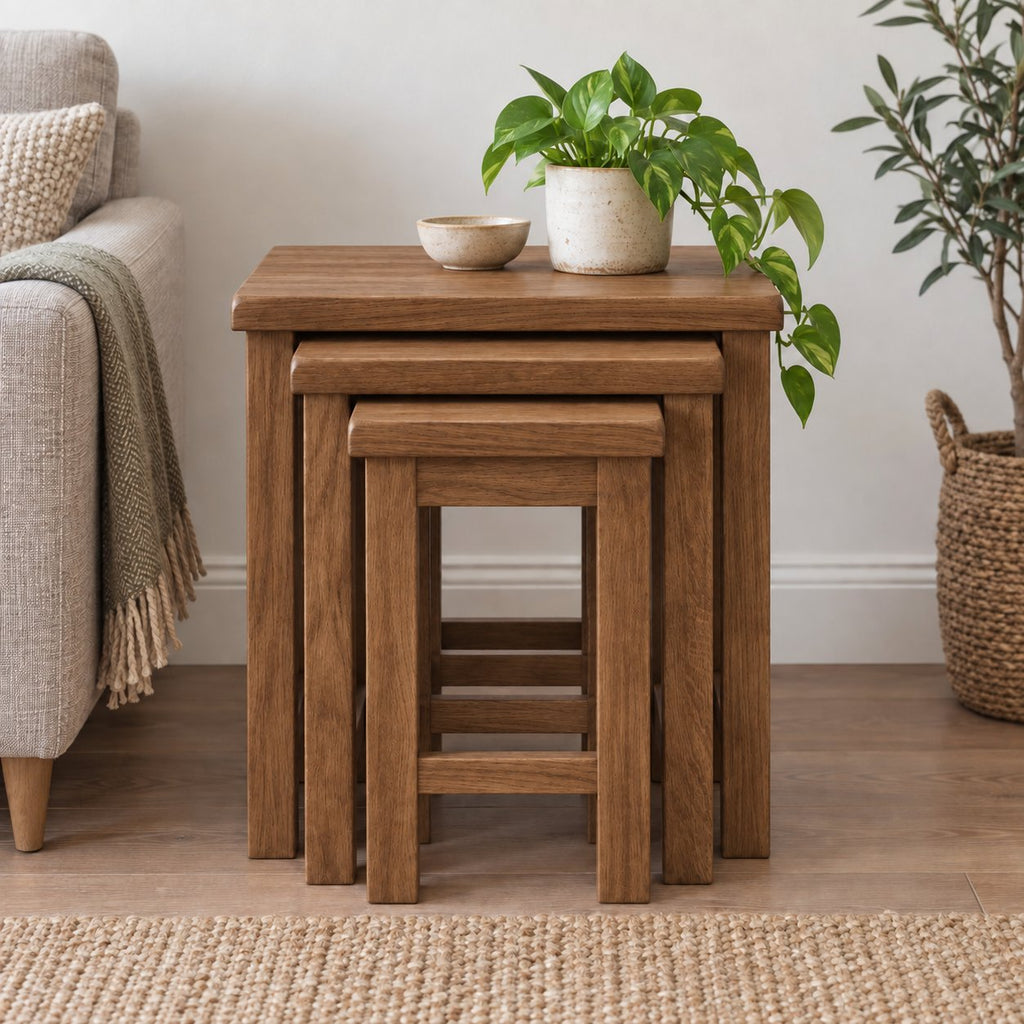 Nesting Oak Coffee Tables, Solid Wood Nest of 3 Slatted-Side Side Tables for the Living Room
