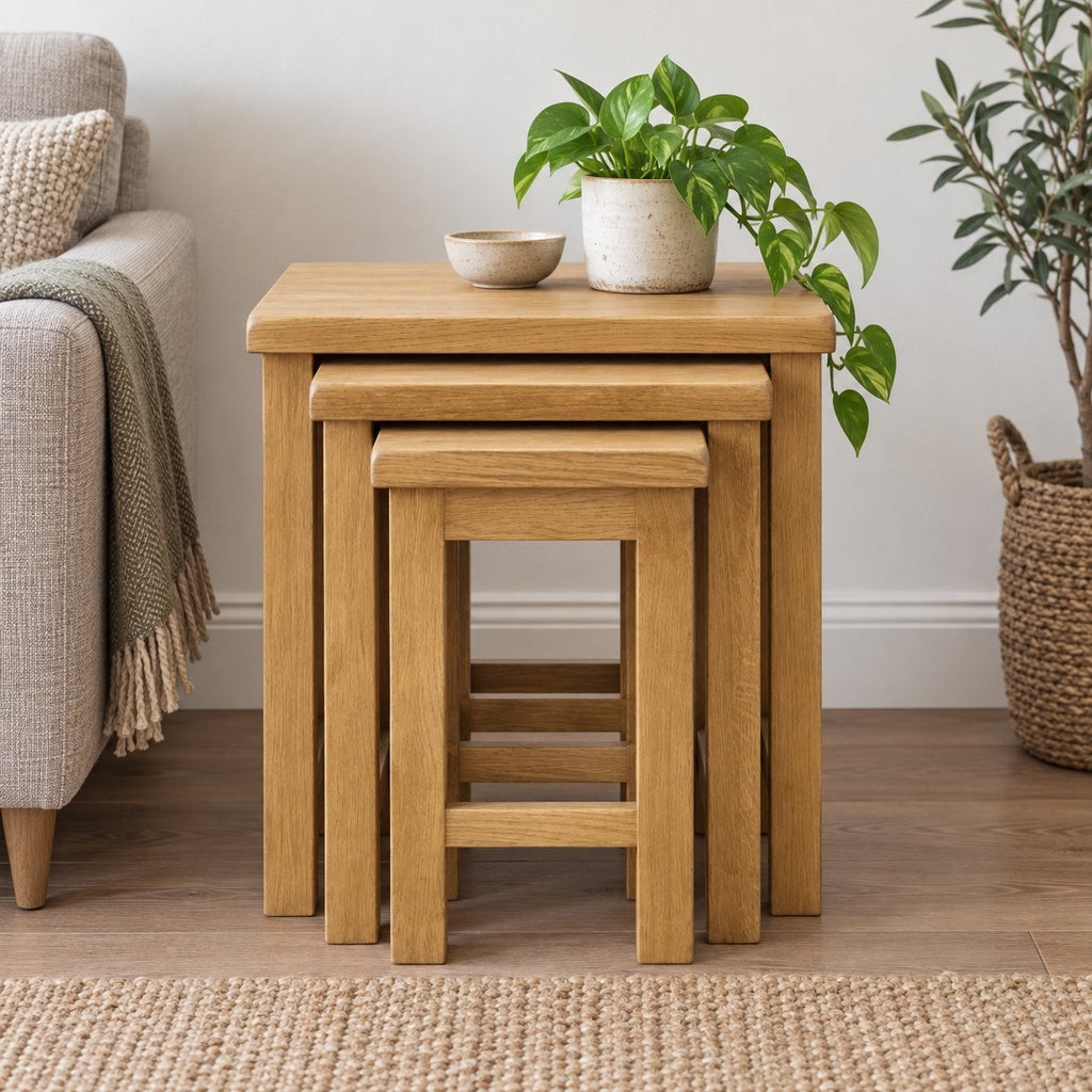 Nesting Oak Coffee Tables, Solid Wood Nest of 3 Slatted-Side Side Tables for the Living Room