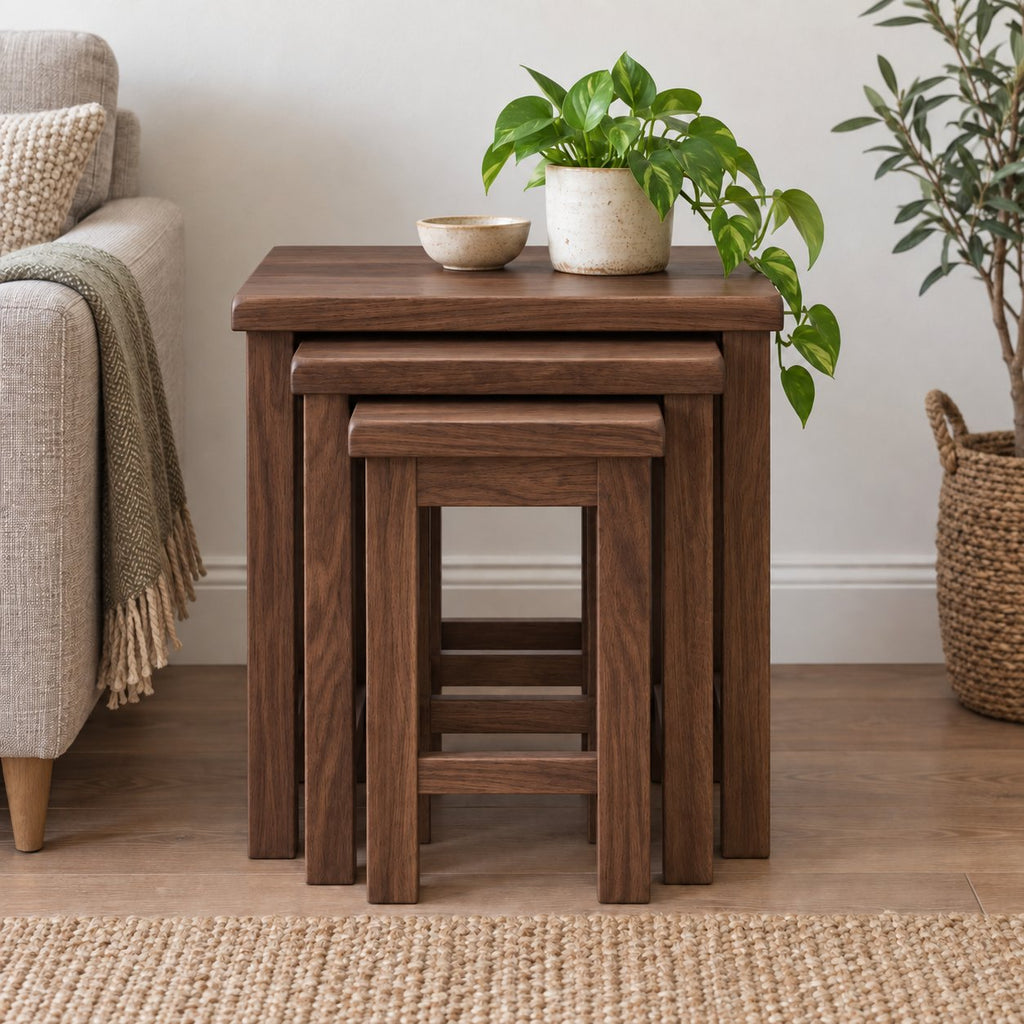 Nesting Oak Coffee Tables, Solid Wood Nest of 3 Slatted-Side Side Tables for the Living Room