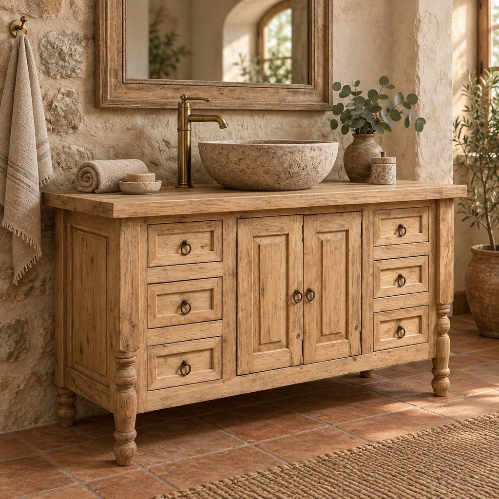 Turned-Leg Solid Wood Single-Sink Bathroom Vanity, Farmhouse Stone-Top Cabinet with Ring-Pull Drawers