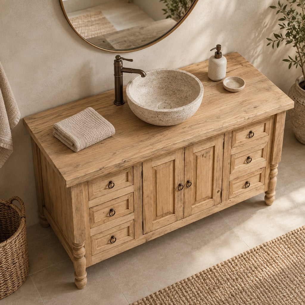 Turned-Leg Solid Wood Single-Sink Bathroom Vanity, Farmhouse Stone-Top Cabinet with Ring-Pull Drawers