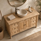 Turned-Leg Solid Wood Single-Sink Bathroom Vanity, Farmhouse Stone-Top Cabinet with Ring-Pull Drawers